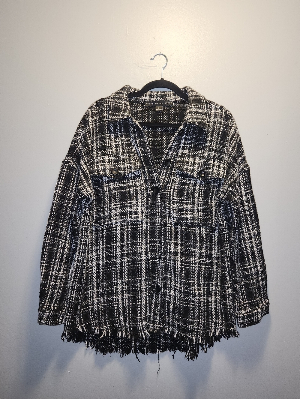 Hyfve Black And White Tweed Shacket | Distressed Hem | Large